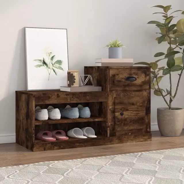 Berkfield Home Smoked Oak Shoe Cabinet in Brown, W/D/H: 100 x 42 x 60 cm