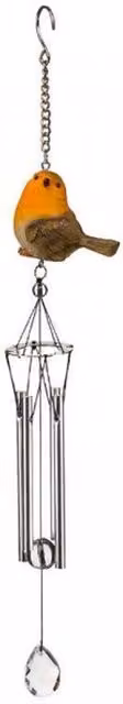 Garden Mile Robin Bird Hanging Wind Chime in Brown, Orange and Silver Metal