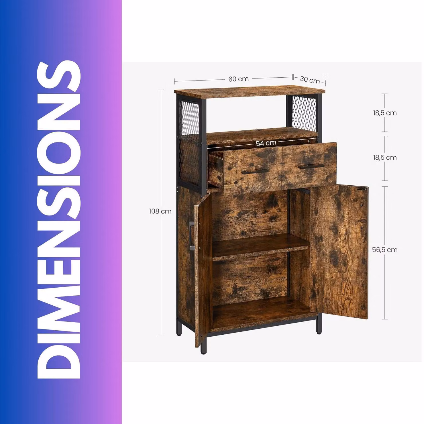 FURNOS Multipurpose Rustic Style Kitchen Sideboard Buffet Cabinet in Brown and Black – 4