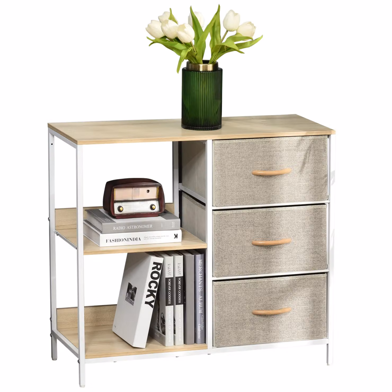 HOMCOM 3 Drawer Chest Dresser Tower with 2 Shelves for Bedroom in Beige – 2