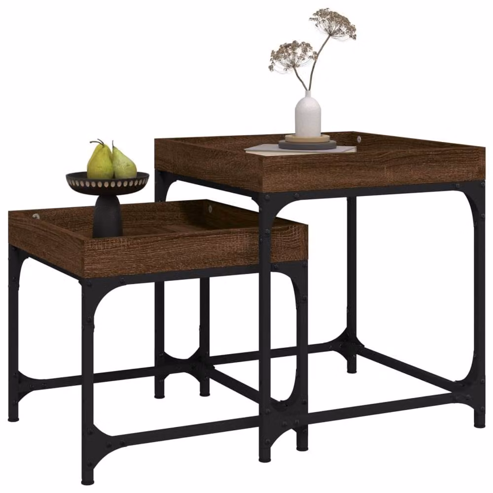 Berkfield Home Set of 2 Brown Oak Nesting Side Tables with Metal Legs – 3