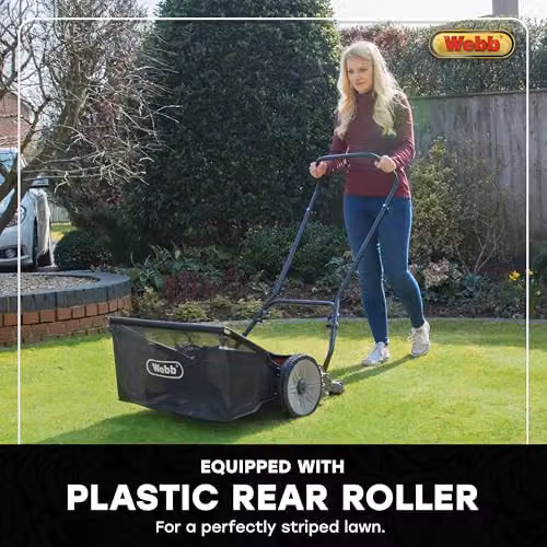 Webb WEH18 Contact Free Manual Cylinder Lawnmower in Green with Rear Roller, 9 Cutting Heights, 46cm Cutting Width and 22L Collection Bag – 3