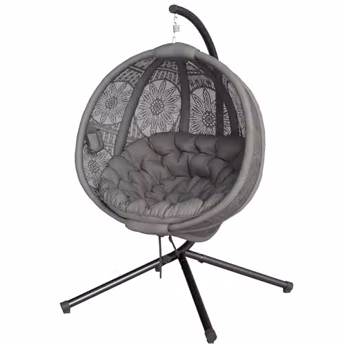 Outsunny Egg Hanging Swing Chair with Metal Stand and Side Pocket in Grey