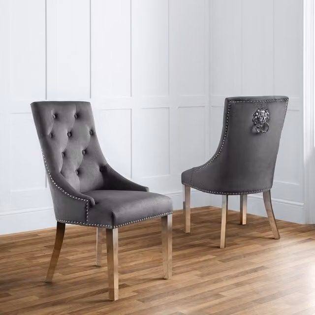 Julian Bowen Set of 2 Gladstone Lion Head Grey Velvet Dining Chairs