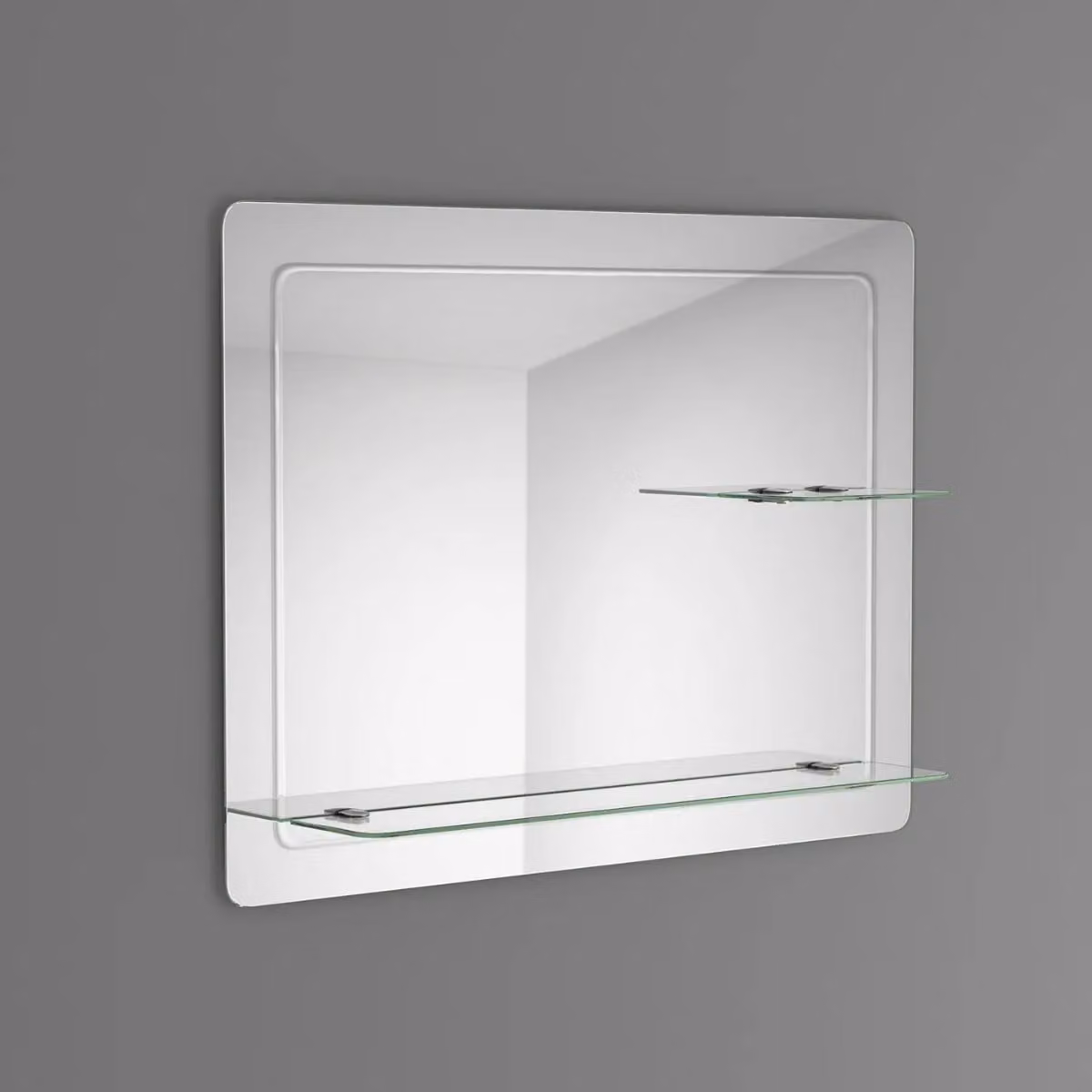Nes Home Round Corner Mirror with Double Glass Shelf in Silver, W: 80.0 cm, H: 60.0 cm – 2