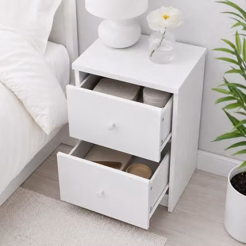 Core Products Freya 2-Drawer Bedside Cabinet, White Scandinavian Nightstand with Silver Metal Hardware, H: 53.6 cm x W: 40.8 cm x D: 33.5 cm – 2