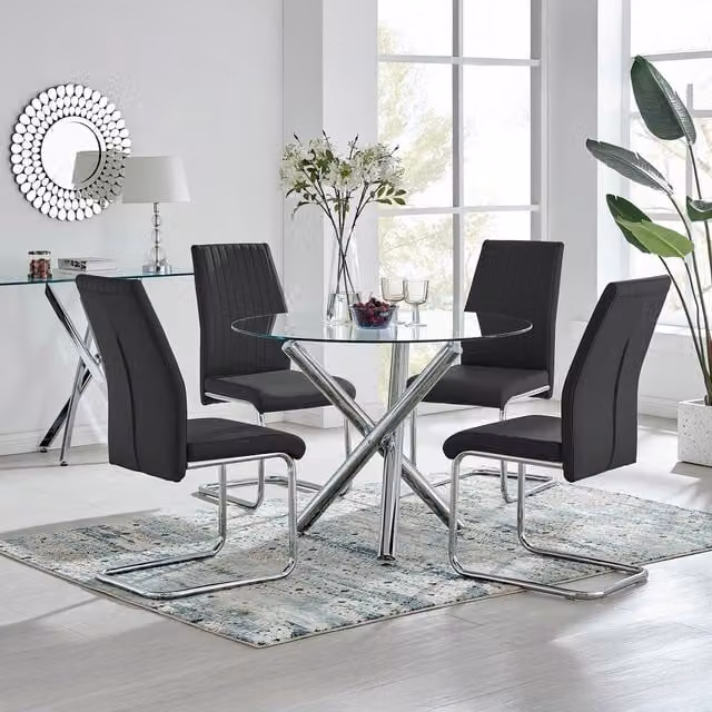 FurnitureboxUK Selina Round Glass and Chrome Dining Table and Lorenzo Chairs Set in Black