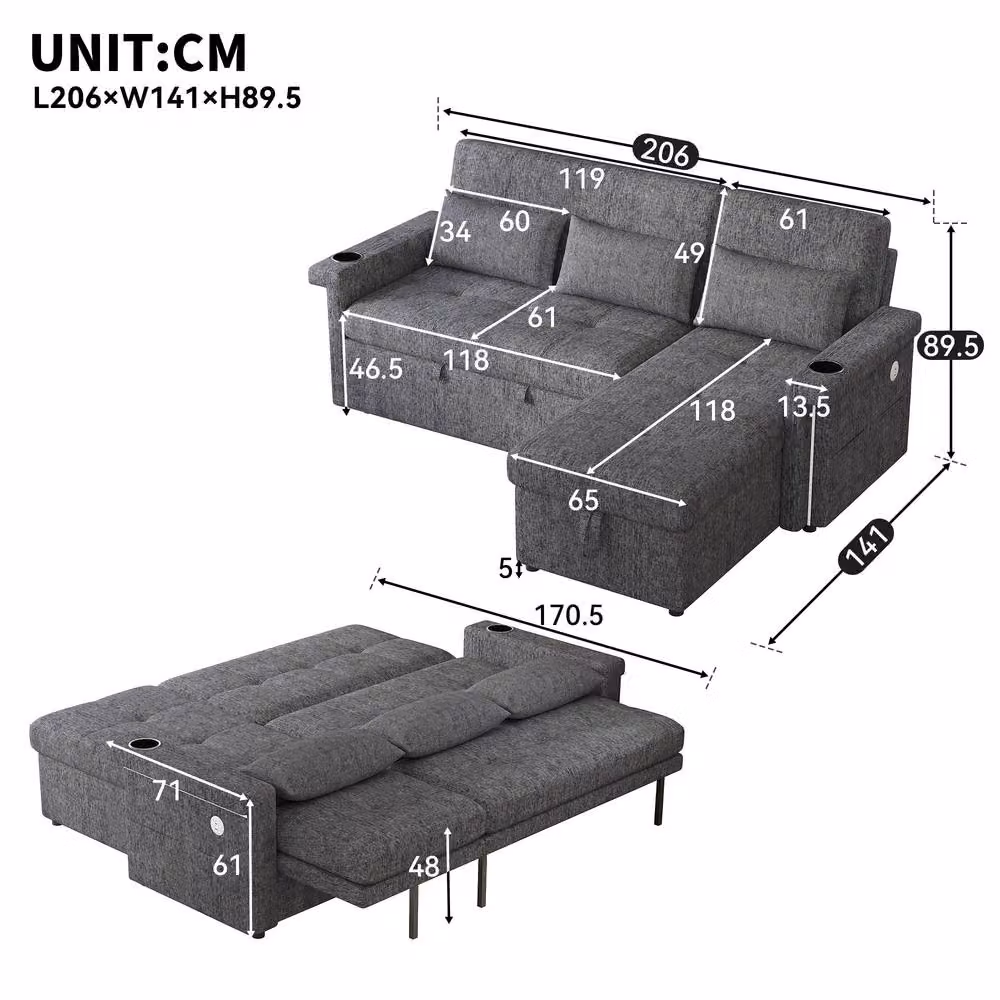 FENCHILIN Grey L-Shape Corner Pull-out Sofa Bed with LED Lighting and Adjustable Headrest – 5