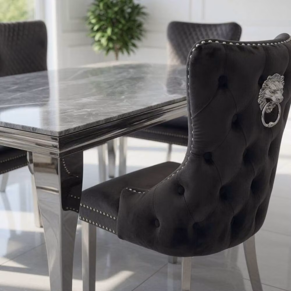HOME LUXE INTERIOR Sofia Grey Marble Rectangular Dining Table and 6 Victoria Grey Silver Chairs – 6