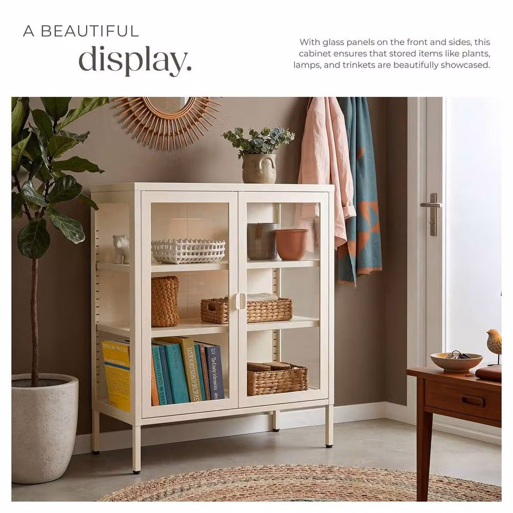 tectake Baker Metal Display Case with Glass Doors in Beige Matt – 3