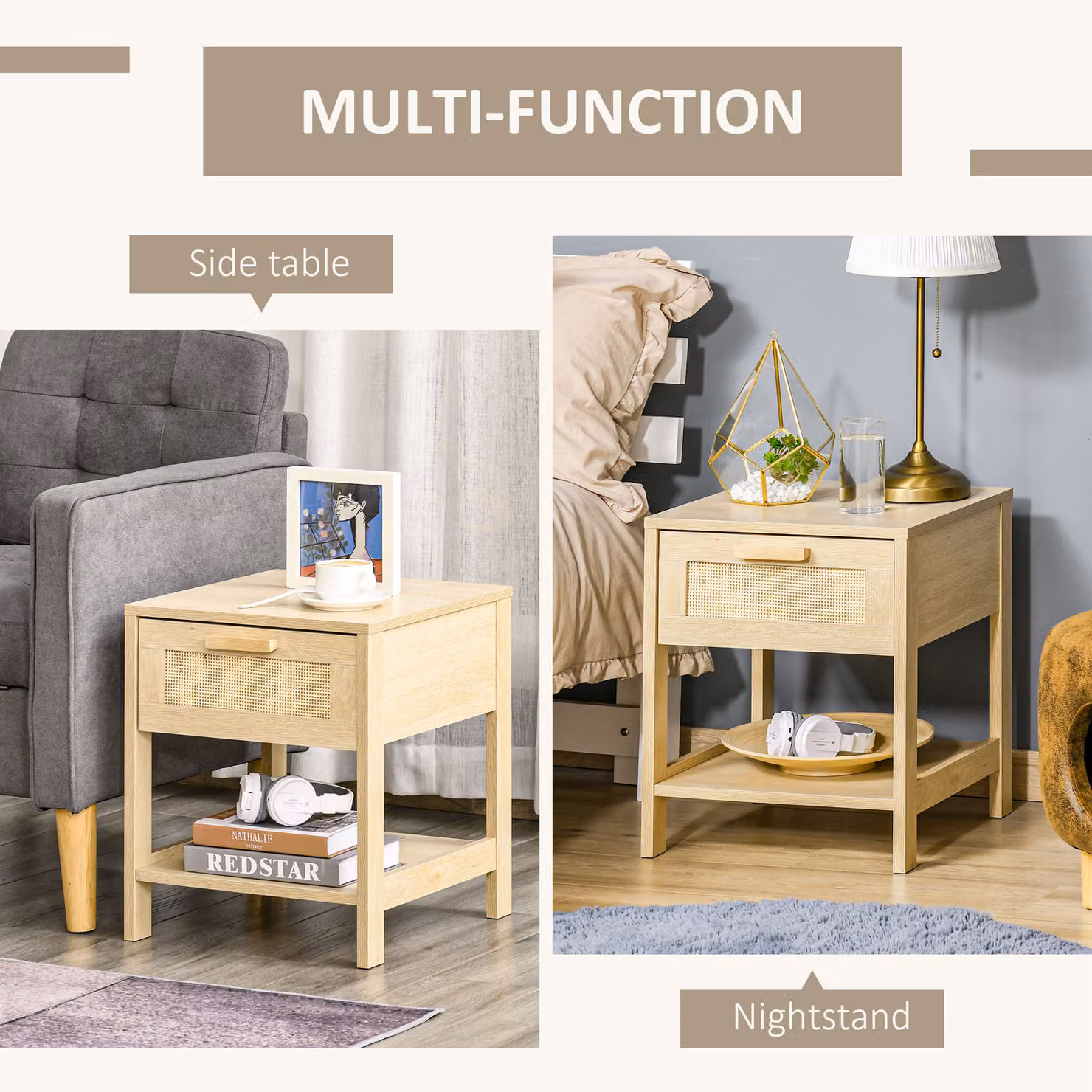 HOMCOM Set of 2 Rustic Bedside Tables with Rattan Drawers and Storage Shelves, Brown – 4