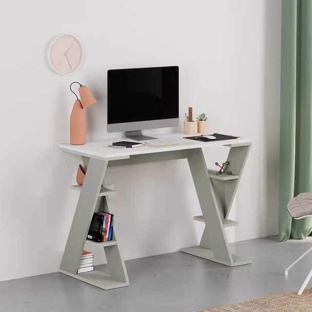 Decortie Papillon Modern White Writing Desk with Integrated Mini Storage Shelves