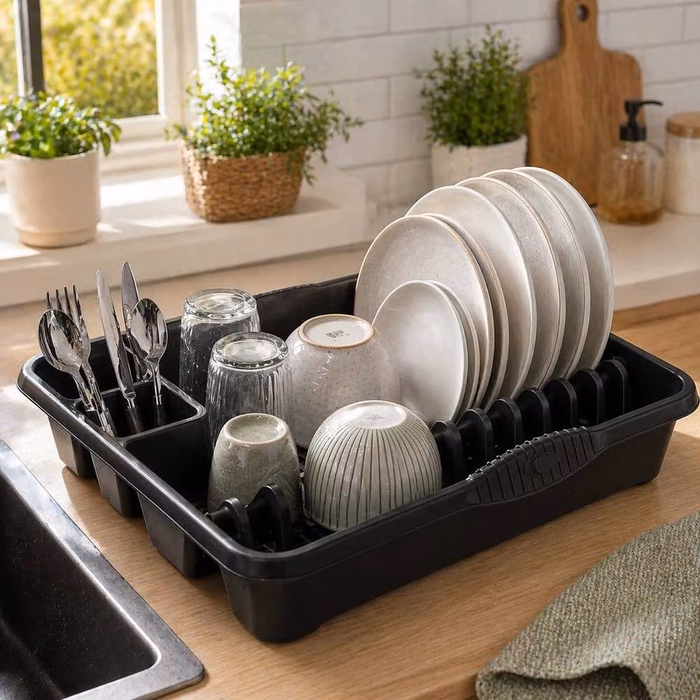 PAWNORA Black Plastic Dish Drying Rack with Cutlery Holder, W/D/H: 100 x 100 x 100 cm – 4