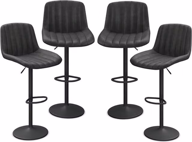 URBNLIVING Set of 4 Ribbed Black PU Leather Bar Stools with Backrest and Footrest