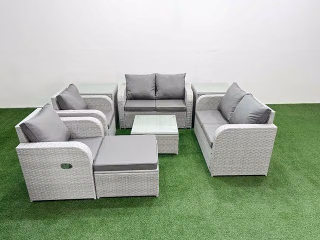 Fimous 7 Seater Rattan Garden Furniture Set in Light Grey with Reclining Sofa, Coffee Table, Ottoman and Side Tables