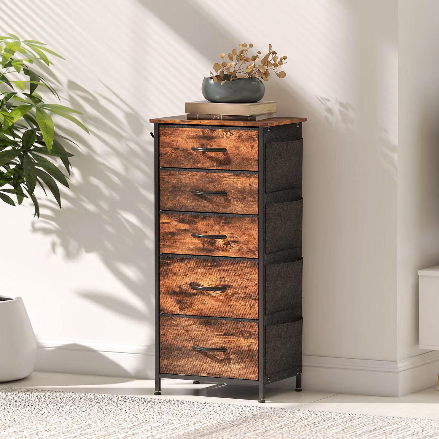 HOMCOM Chest of Five Fabric Drawers in Rustic Brown – 9