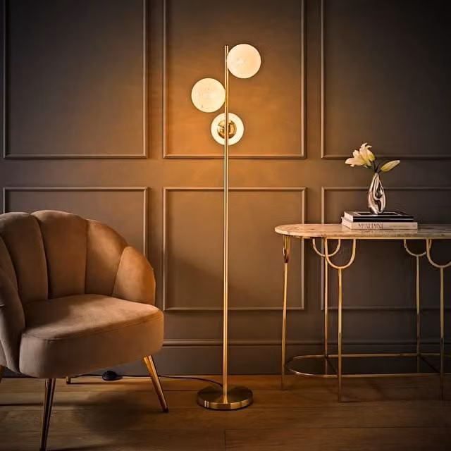 ValueLights Jas 3 Way Floor Lamp with Gold/Brass Metal Base and White Confetti Glass Globe Shades