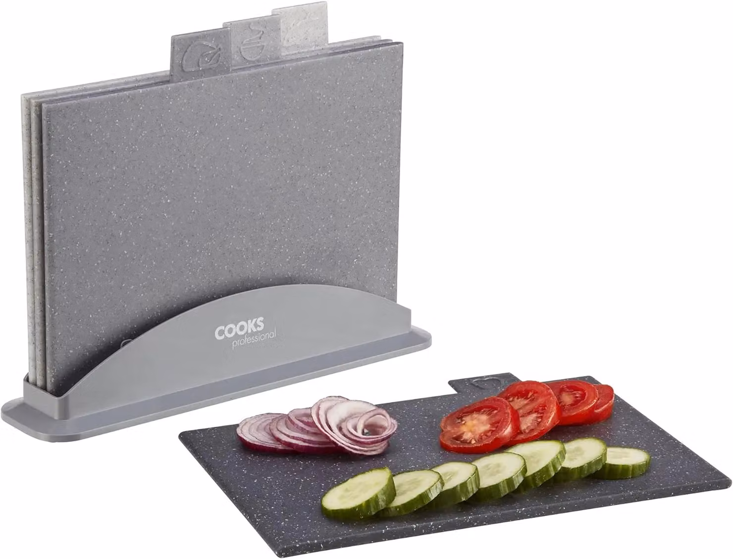 Cooks Professional Set of 4 Granite Effect Index Chopping Boards with Stand in Grey – 3