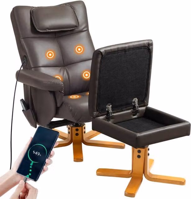 HOMCOM Massage Recliner Chair with Footstool and Hidden Storage in Dark Brown Synthetic Leather – 1