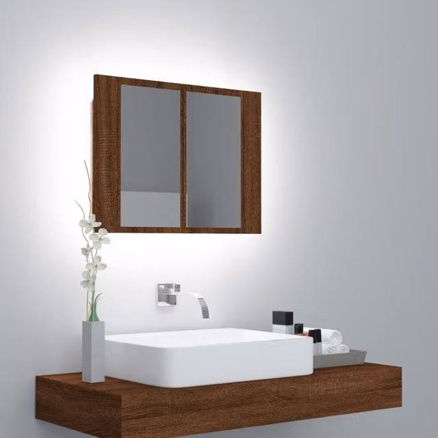 Berkfield Home LED Mirror Cabinet in Brown Oak, W/D/H: 60 x 12 x 45 cm