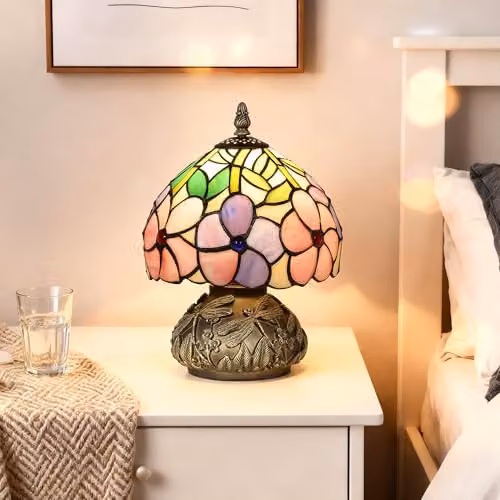 HOMCOM Tiffany-Style Table Lamp with Sculpted Dragonfly Base in Pink, Bronze and Multicolour – 6