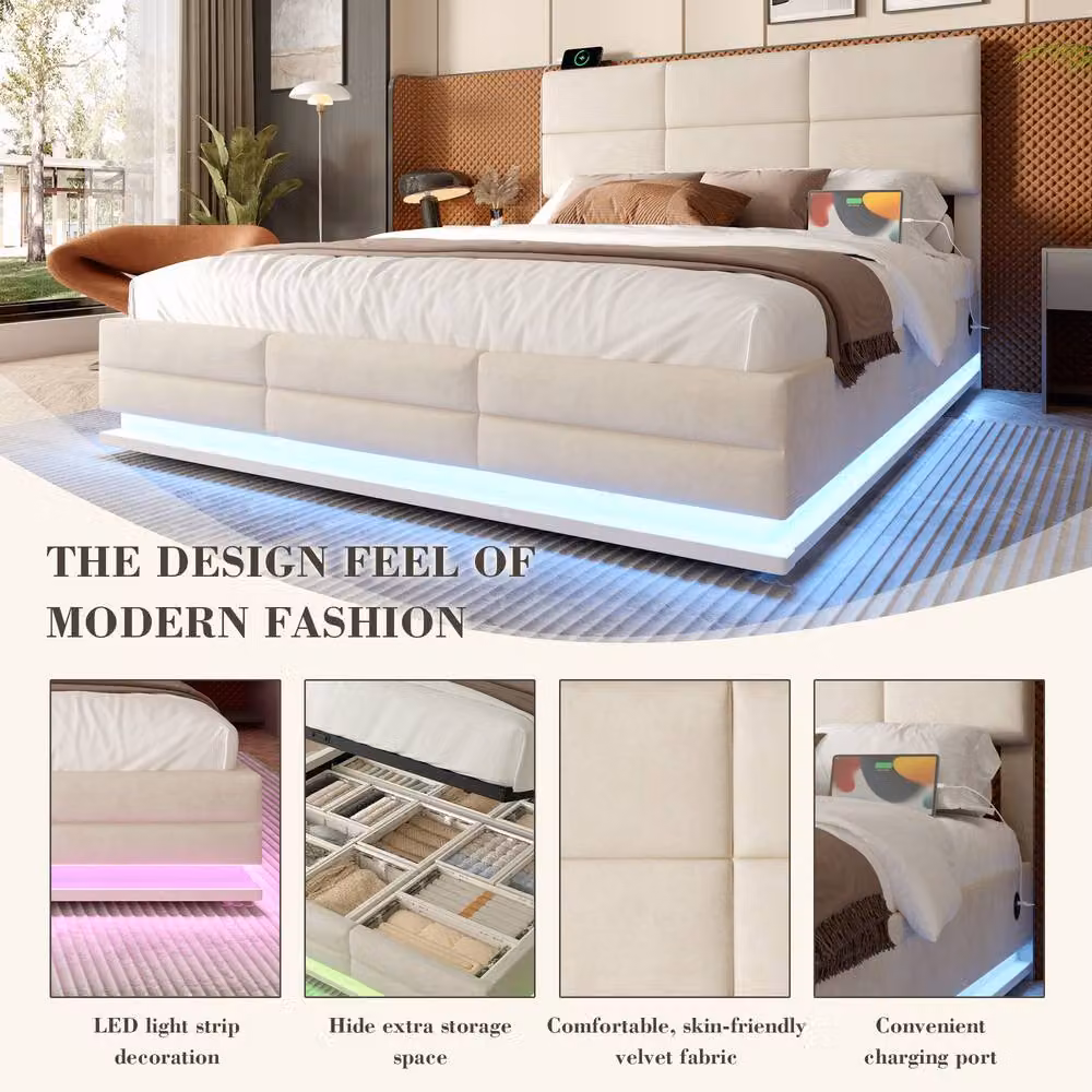 Direct Wicker Grey Velvet Upholstered Double Bed with LED Lighting, USB Charging Port and Lift Up Base, W/D/H: 140 x 200 x 151 cm – 3