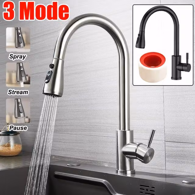 FORGEVIO Single-Lever Pull-Out Kitchen Sink Mixer Tap in Silver