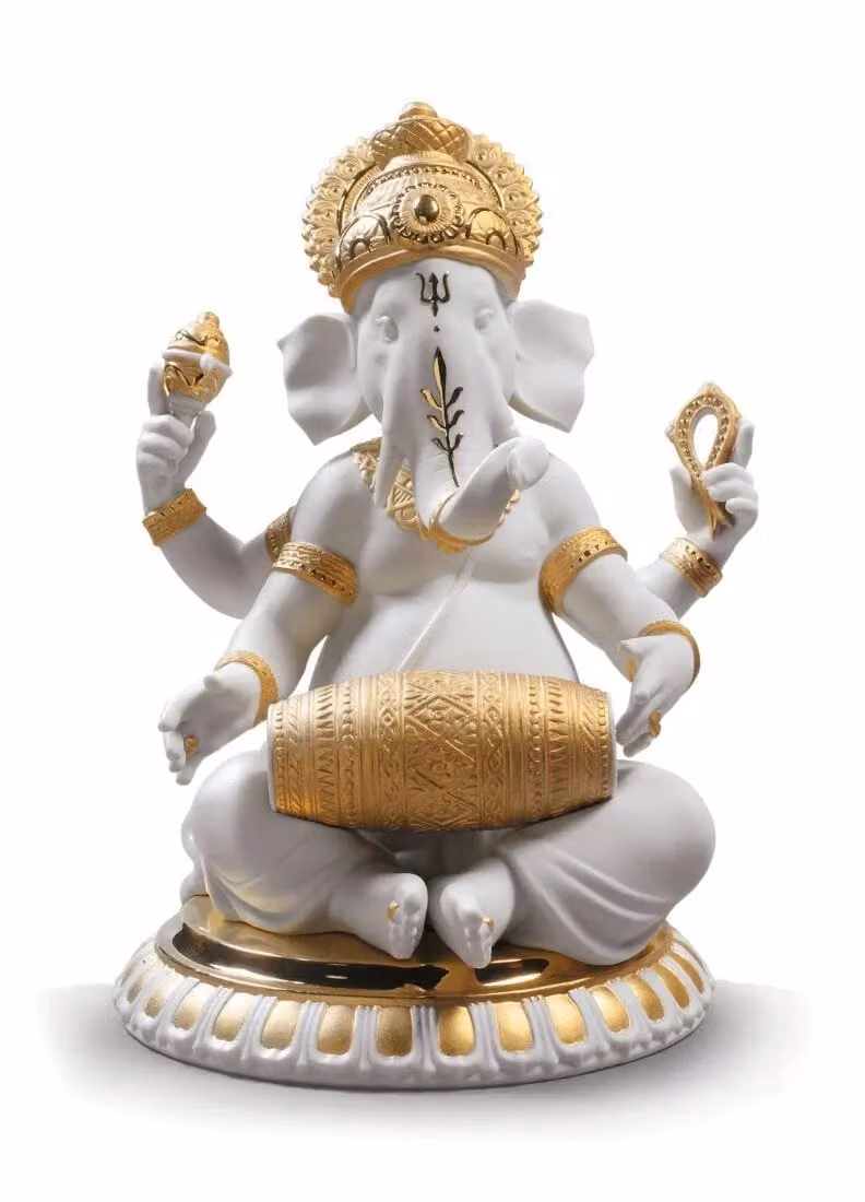 Lladró Mridangam Ganesha Porcelain Figurine in White and Gold