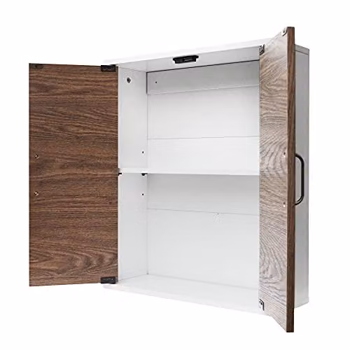 Teamson Home Wall Mounted Wooden Bathroom Medicine Cabinet with Two Hinged Doors and Internal Shelf, Brown and White – 5