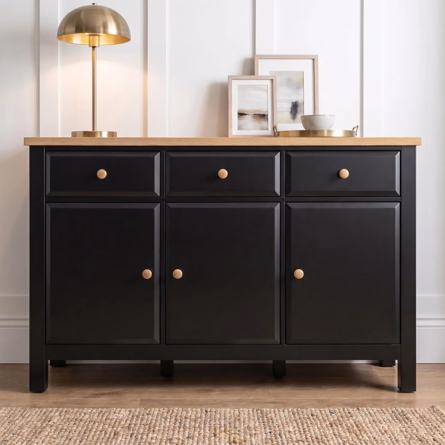 Haven Large Black Sideboard with Oak Top and Drawers, W/D/H: 135 x 43 x 81 cm