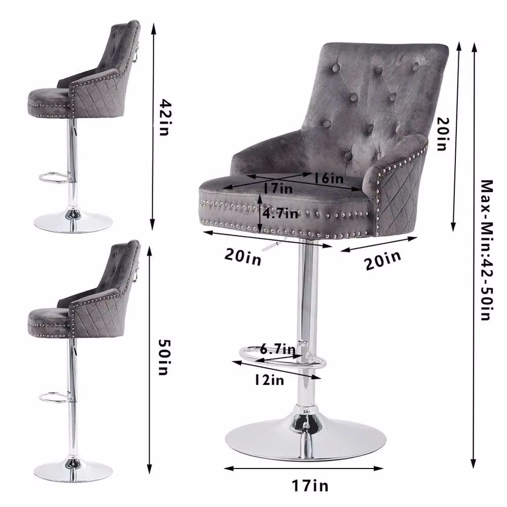 NESTLUNE Grey Velvet Swivel Bar Stool with Armrests – 2