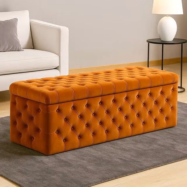 R&M Furnishers Wide Lux Chesterfield Ottoman Storage Box in Orange Silver Velvet