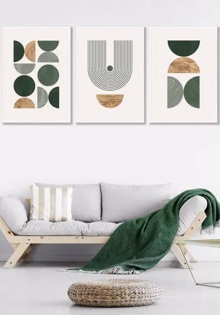 ARTZE Mid Century Geometric Abstract Framed Wall Art in Green, Gold and White, W: 53 cm, H: 73 cm, D: 2 cm