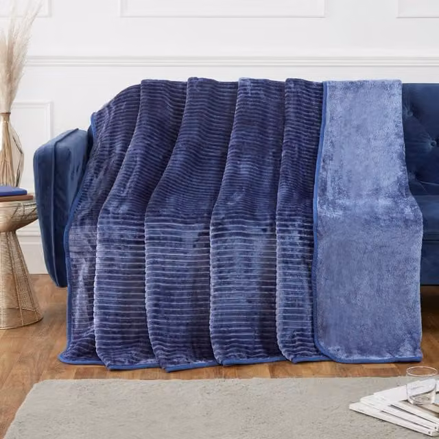 Rapport Blue Ribbed Faux Fur Polyester Super Soft Cosy Throw