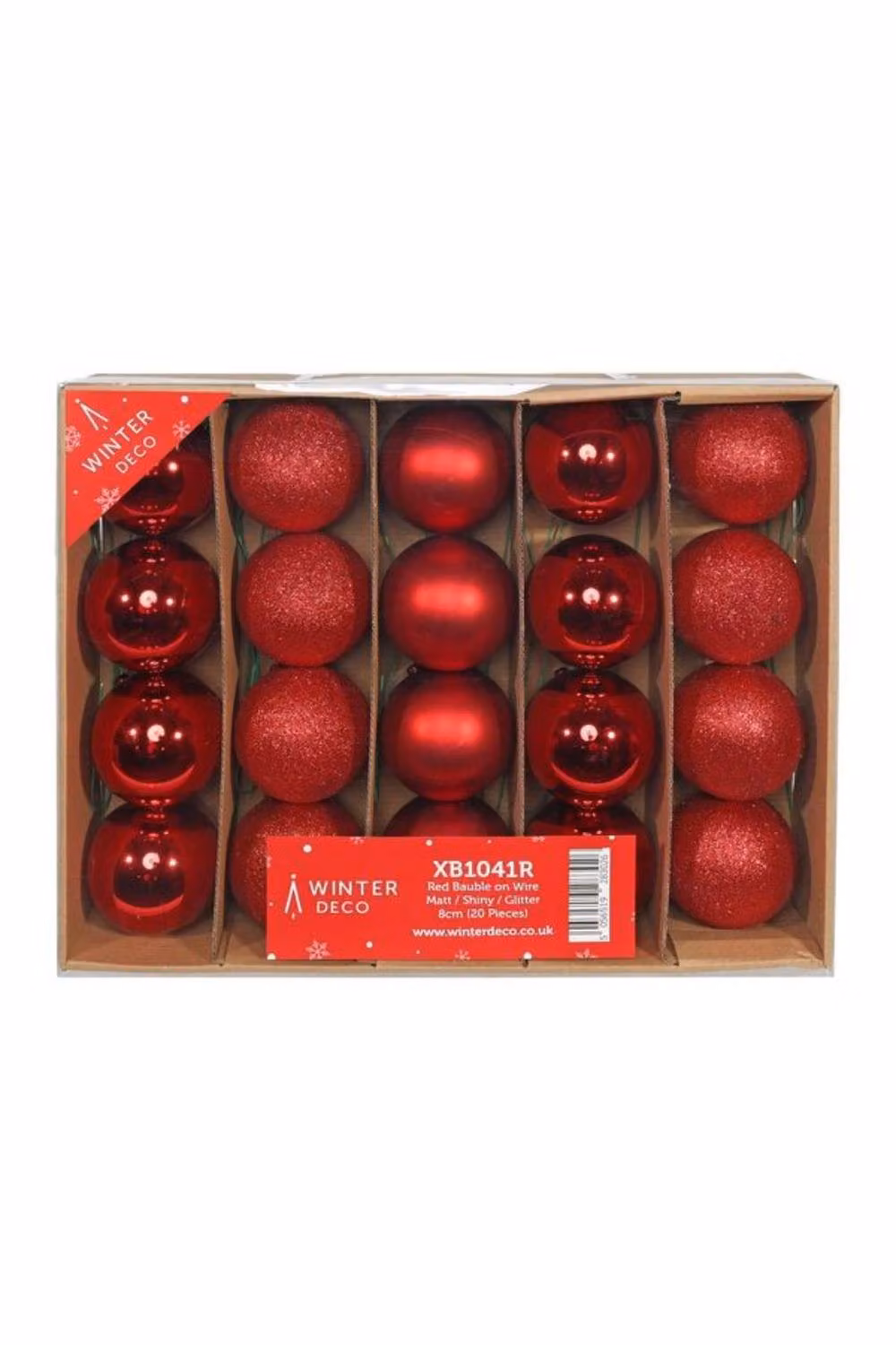 KDMD Red Christmas Baubles on Wire, Matt and Shiny Glitter Finish, 20 Pack – 2