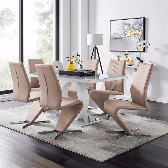 FurnitureboxUK Giovani 6-Seater Grey Glass Dining Table and 6 Beige Faux Leather Willow Chairs Set