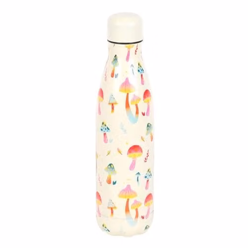 KDMD Funky Fungi Mushroom Print Metal Water Bottle in White, Pink and Blue