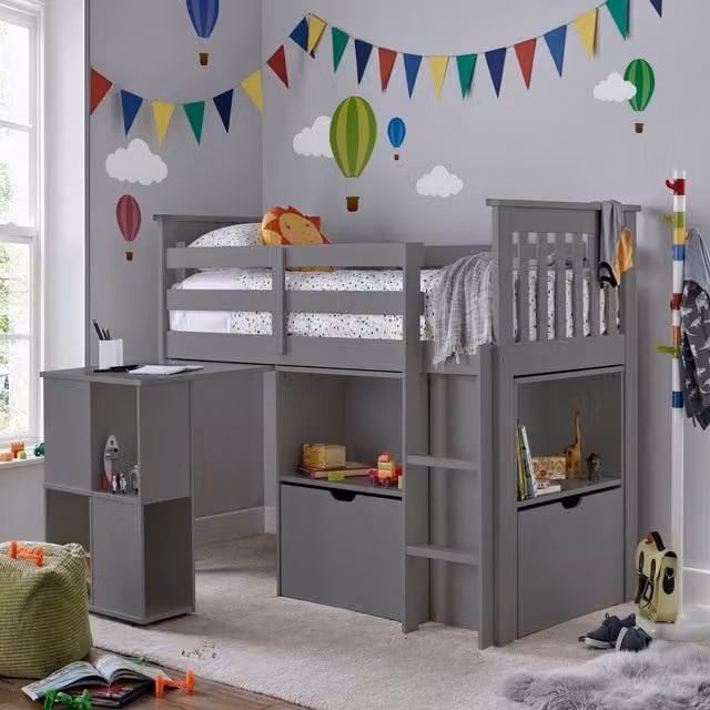 Bedmaster Milo Grey Kids Sleep Station Bed with Desk and Drawers, W/D/H: 90 x 190 cm