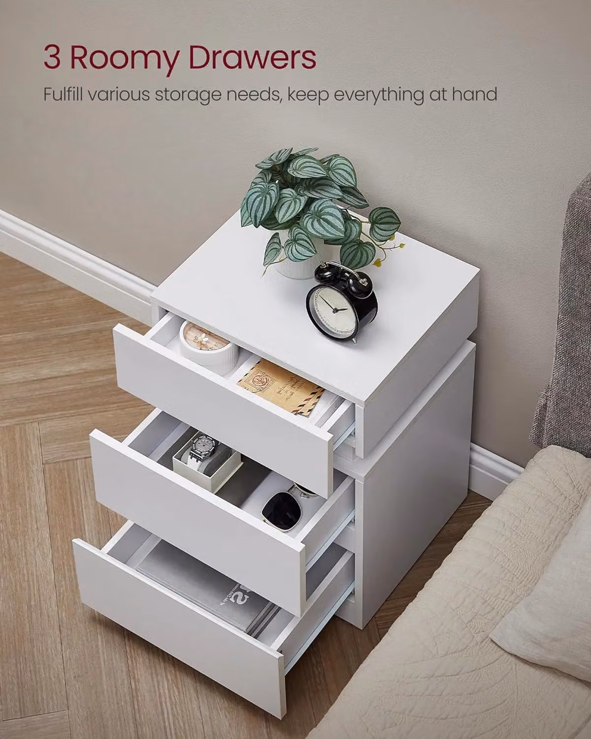 VASAGLE Modern White Bedside Table with 3 Drawers and Integrated LED Lighting – 2