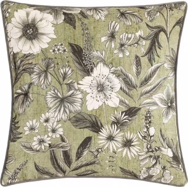 Make it a Home Harlington Botany Floral Piped Velvet Cushion in Moss Green with Feather Filling