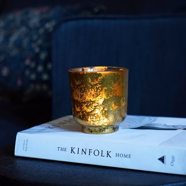 Ivyline Antique Gold Glass and Metal Tealight Holder, H: 19.0 cm, W: 15.5 cm