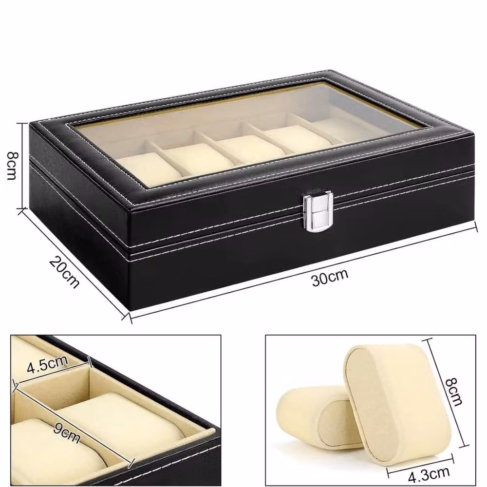 Kelvenix Black PU Leather Watch Display Case with 12 Slots and Glass Lid and Velvet Lining – 2