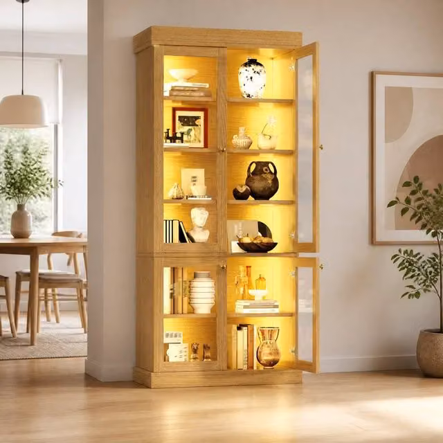 STILVORA Tall Cabinet with LED Lighting and Shelves in Natural Wood – 1