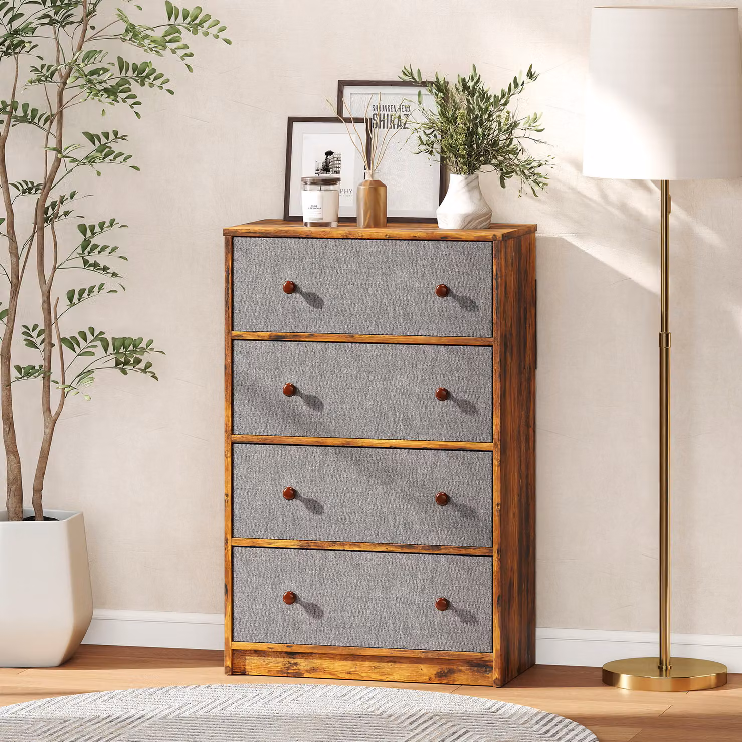 HOMCOM Chest of Drawers with 4 Fabric Drawers in Grey and Rustic Brown – 5