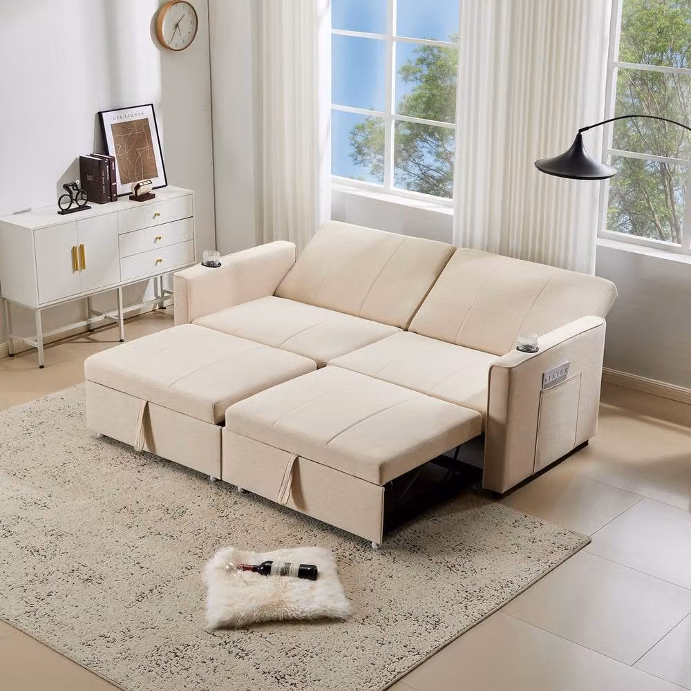 Matteo King Size Independent Pull-Out Sofa Bed in Beige Fabric with Adjustable Headrest and Cup Holders, W/D/H: 180 x 200 cm – 3