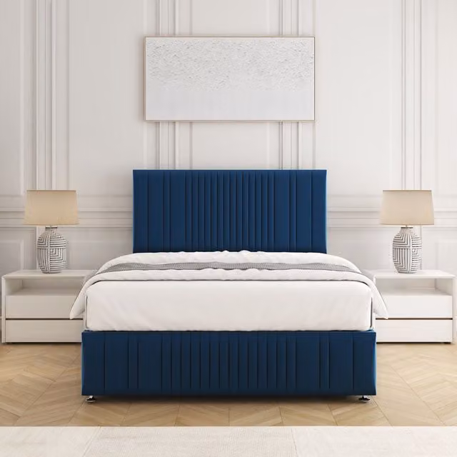 BSSPOKE Rosie Plush Velvet Divan Bed Set with 24 inch Headboard and Mattress in Blue, W/D/H: 140 x 200 cm