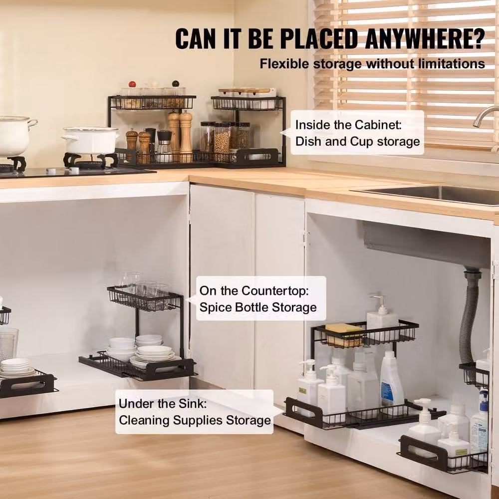 VEVOR 2 Tier Pull Out Cabinet Organizer, Black, W: 27.18 cm, D: 36.07 cm, H: 10.7 cm – 3