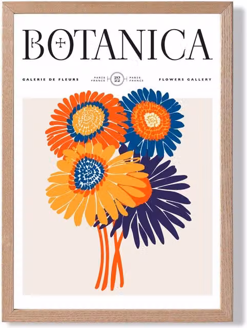 ARTZE Orange and Blue Gerbera Daisies Flower Market Exhibition Framed Print with Oak Frame, A4