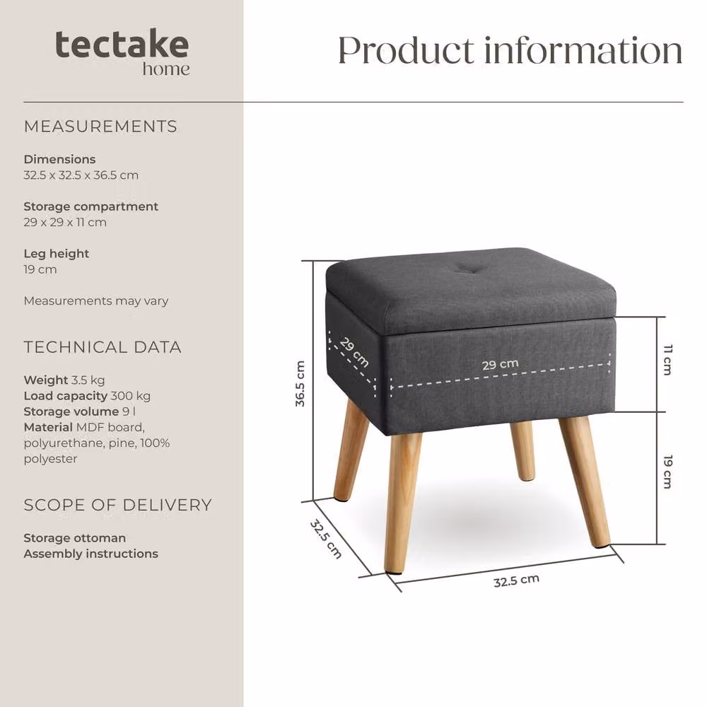 tectake Elva Padded Stool with Storage Space in Dark Grey Linen Look – 6