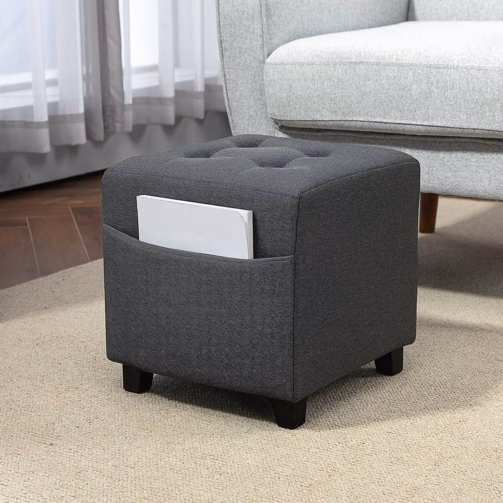 KORVIXA Grey Fabric Cube Ottoman with Rubberwood Legs and Side Pocket, W/D/H: 100 x 100 x 100 cm – 3